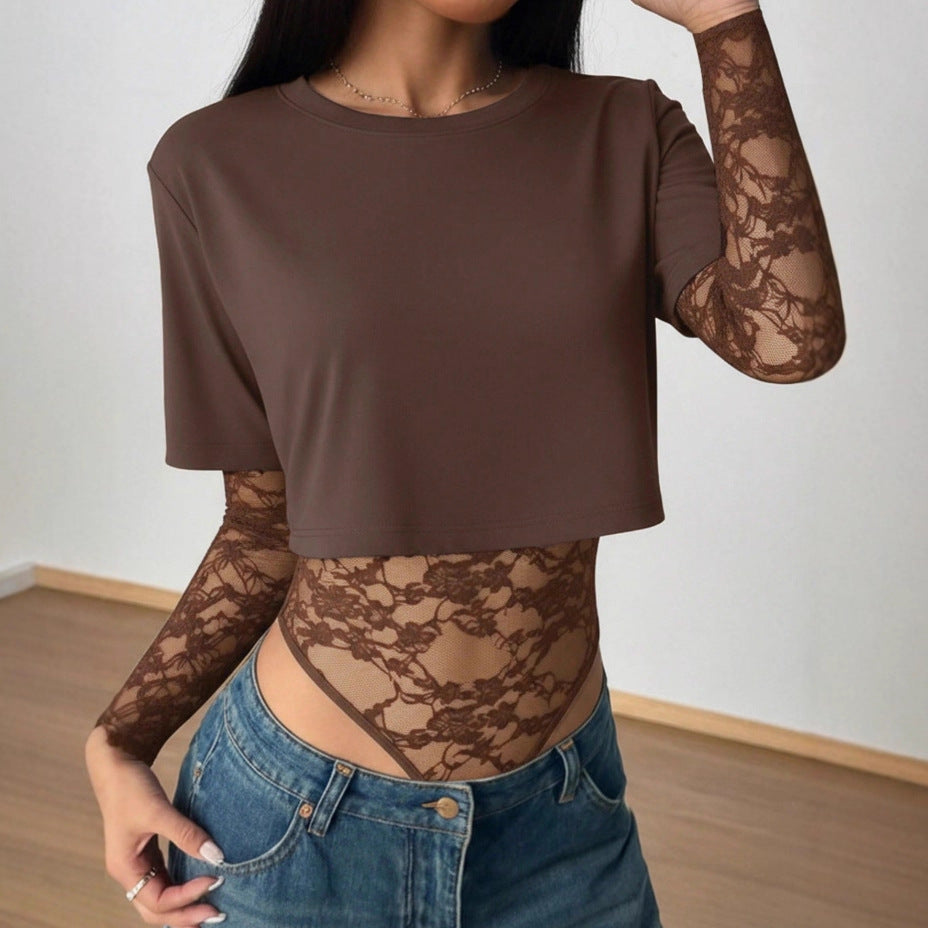 One Piece Solid Color Cropped Outfit Slim Lace Stitching Short Sleeve Top