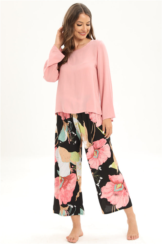 Rayon Home Wear Suit Casual Pajamas Women Long Sleeved Trousers