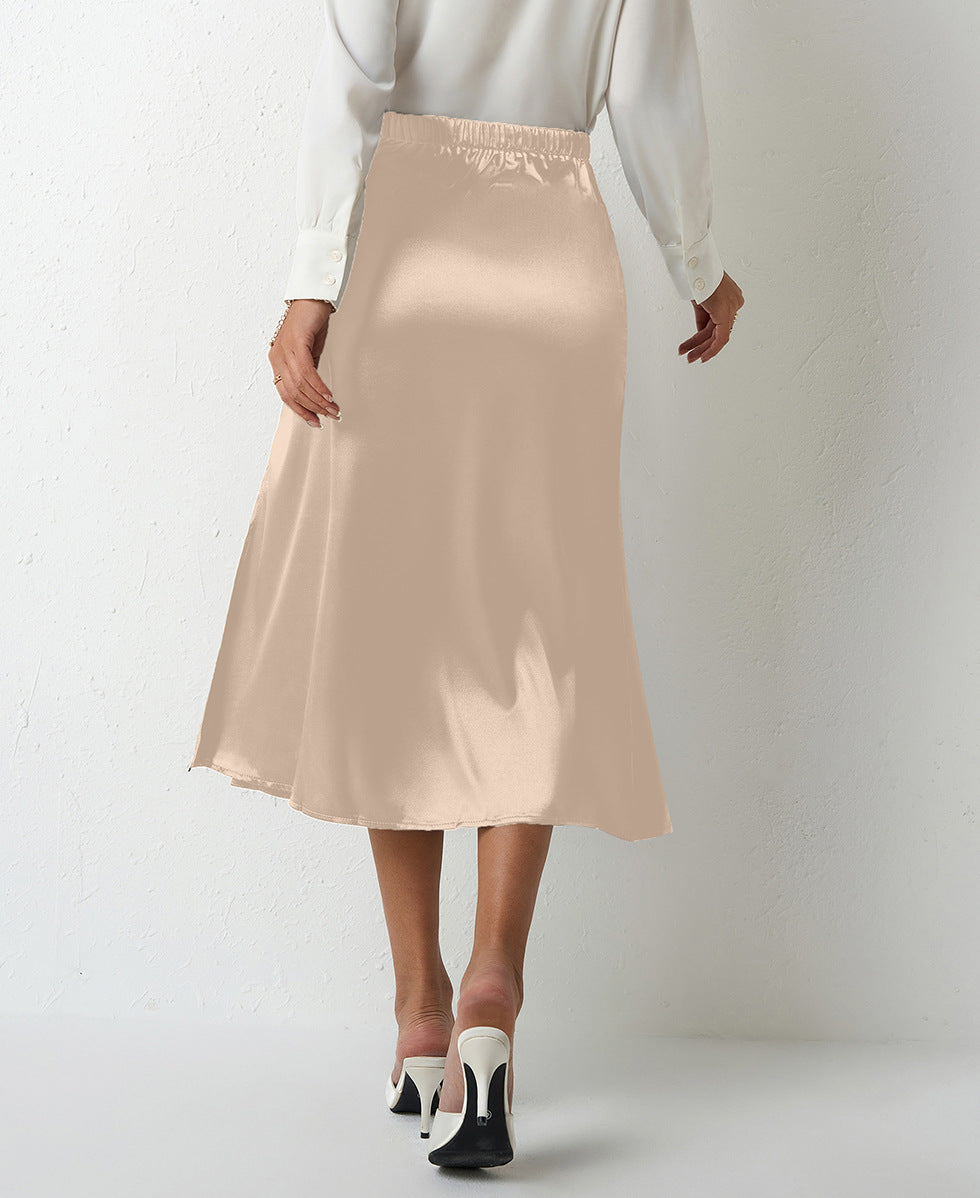 Women Clothing Popular Satin Skirt Women Summer Mid Length Split Professional A line Skirt High Waist Skirt