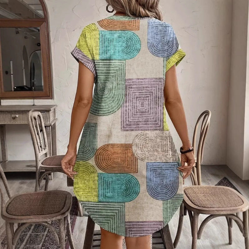 Women Clothing Summer Geometric Abstract Print Elegant V neck Button Sleeve Dress Women