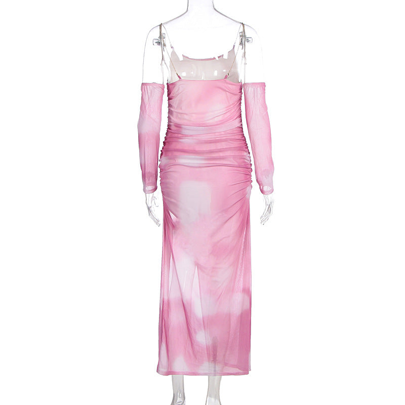 Autumn Winter Women Dress Mesh Printed Sling Oversleeve off Shoulder Backless Slit