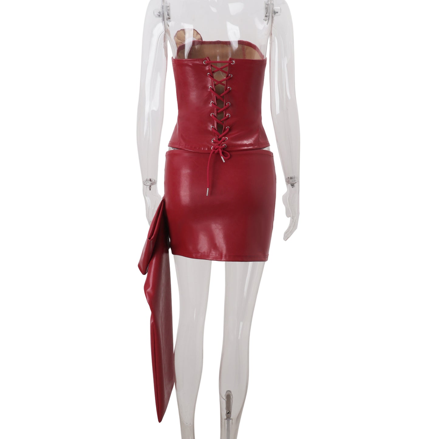 Women Clothing Autumn French Sexy Three Dimensional Floral Faux Leather Tube Top Vest Hip Skirt Set