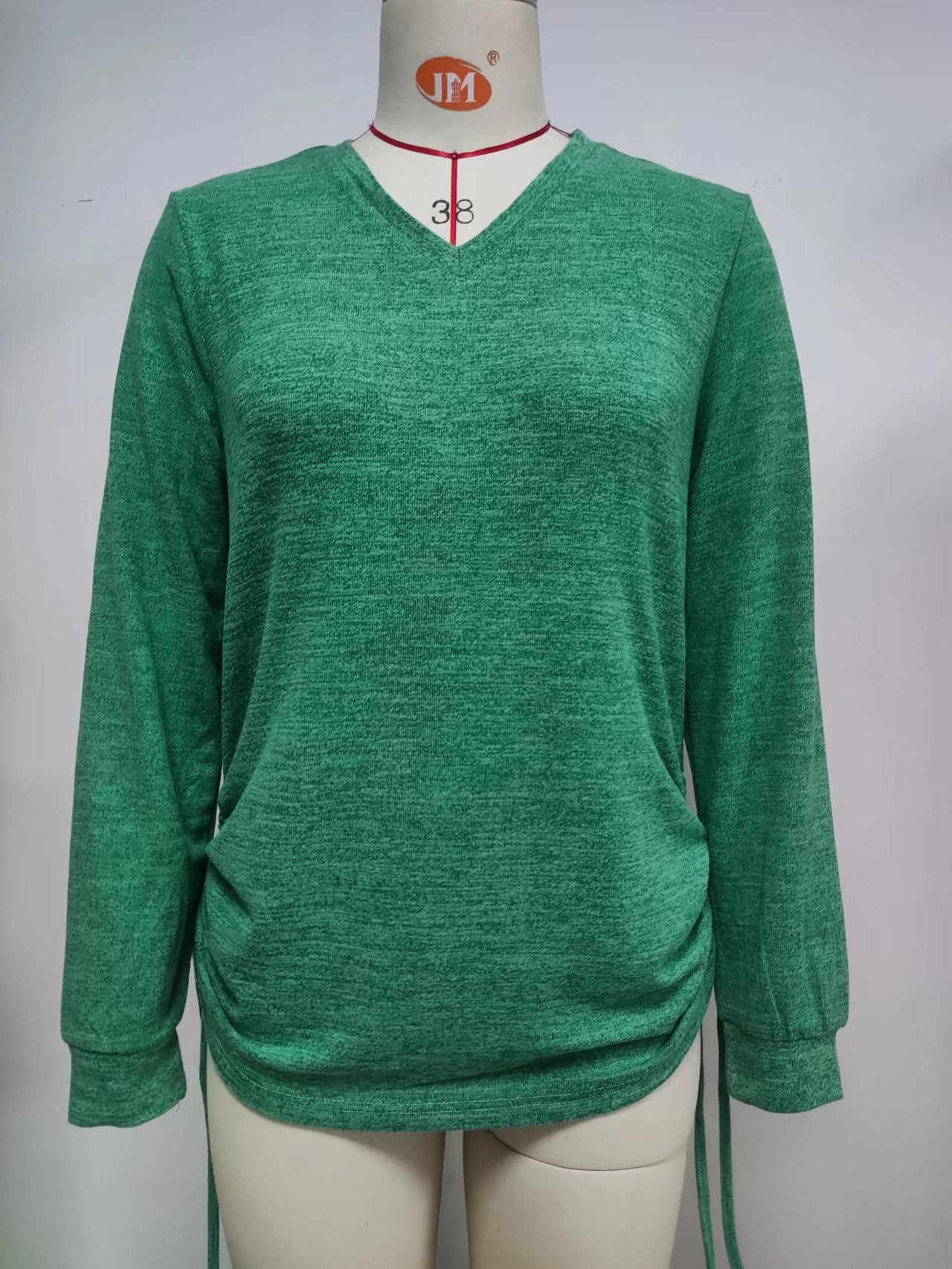 Autumn Winter Solid Color Long Sleeve V Neck Pleating Loose Itting T Shirt Top Ladies