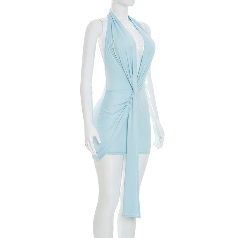 Women Clothing Summer Solid Color Casual Halter Deep V Plunge Bare Back Twisted Ribbon Dress