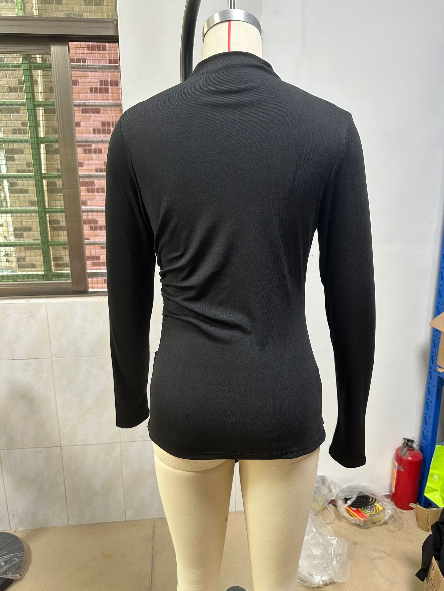 Spring Autumn Solid Color Irregular Asymmetric Split Long Sleeve T shirt Half Turtleneck Slim Fit Pullover Bottoming