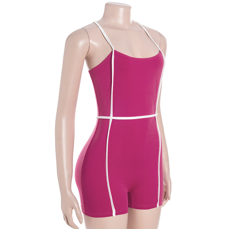 Cross Shoulder Strap Sleeveless Beauty Back Contrast Color Slim Fit High Waist Sports Jumpsuit