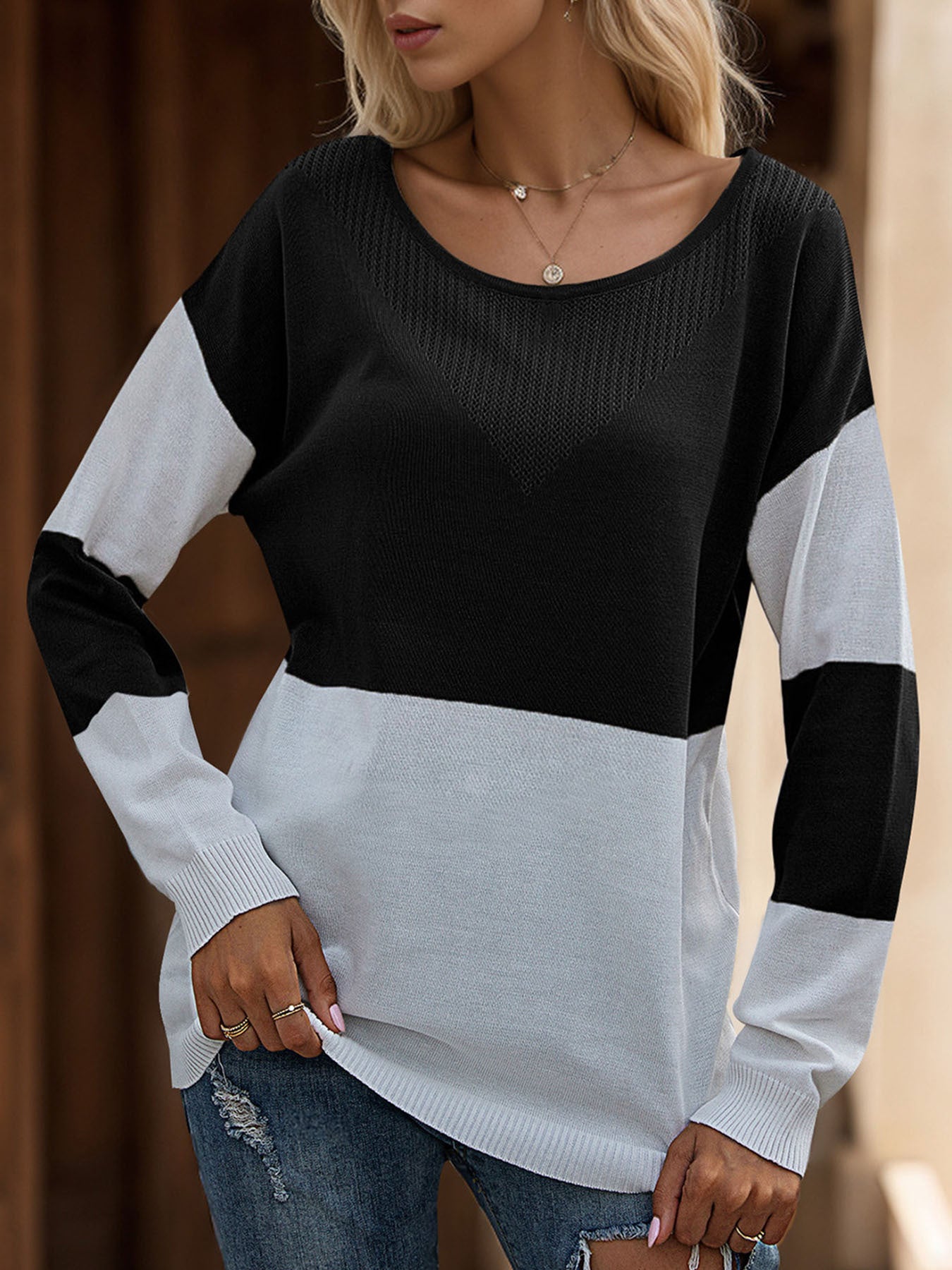 Loose Round Neck Base See through Mesh Knitted Sweater Women Casual Autumn
