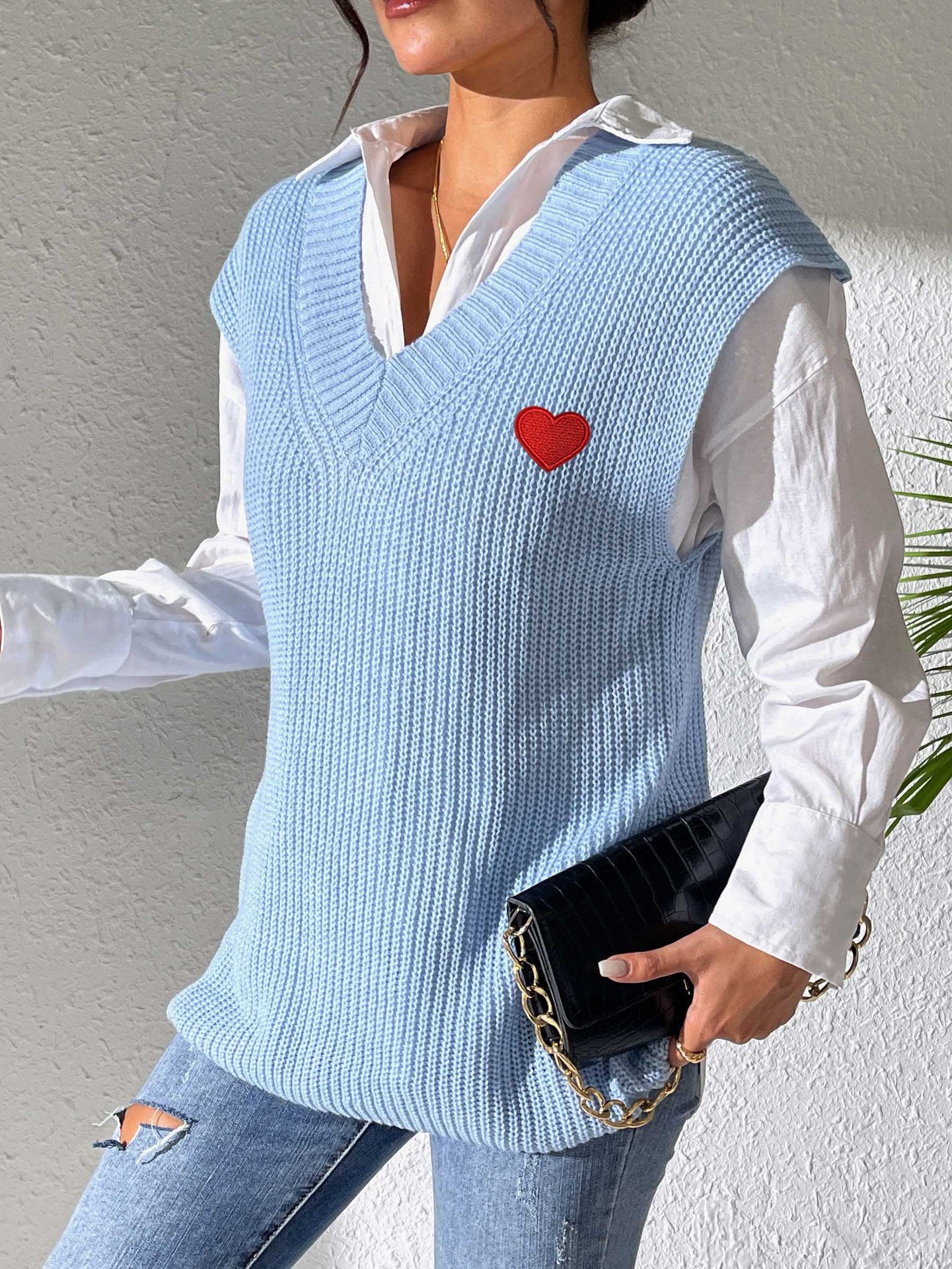 Women Vest Clothing Spring Autumn V neck Simple Vest Embroidery Love Stickers Sweater Waistcoat