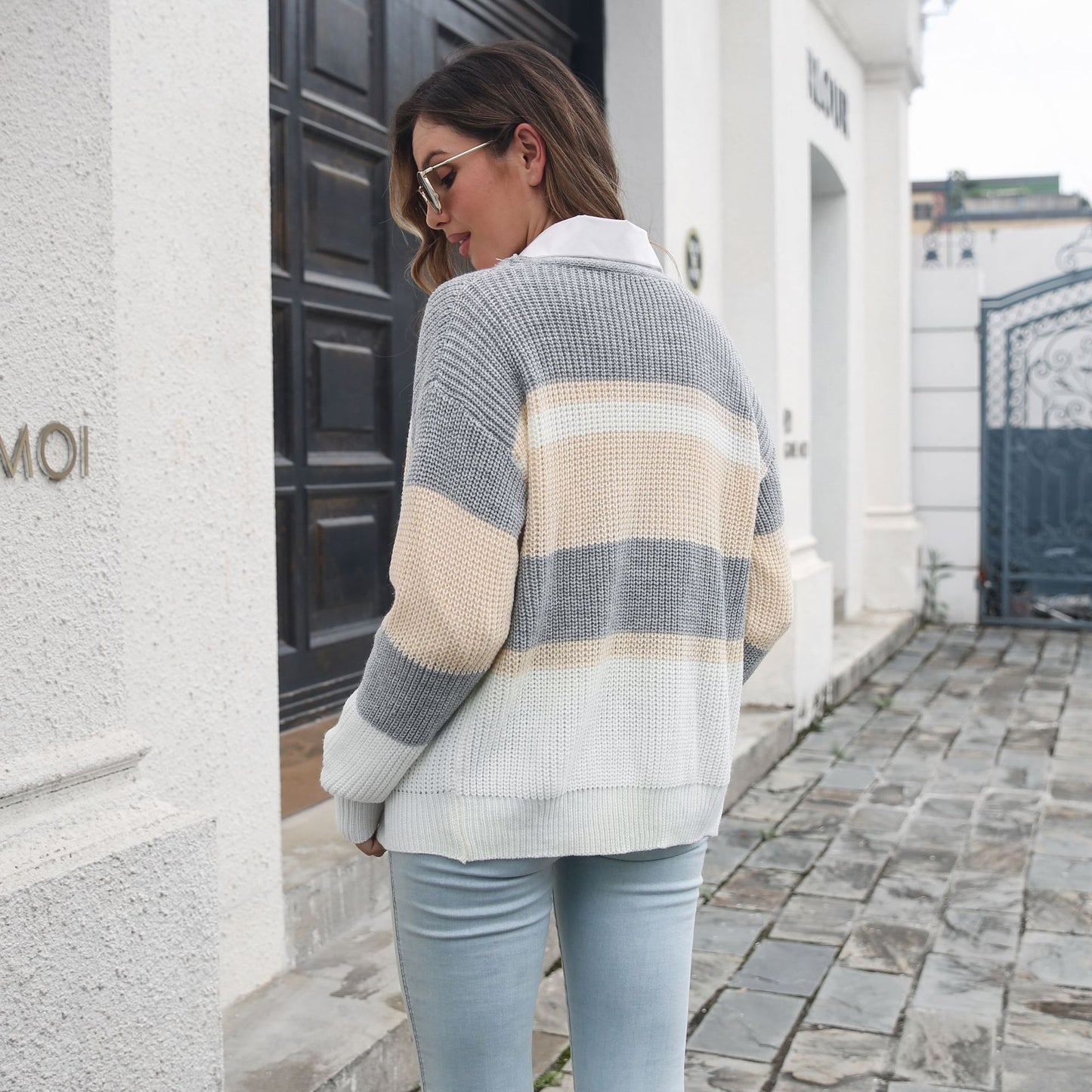 Striped Color Matching Breasted Loose Knitted Cardigan Sweater Women Autumn Winter Women Clothing Sweater