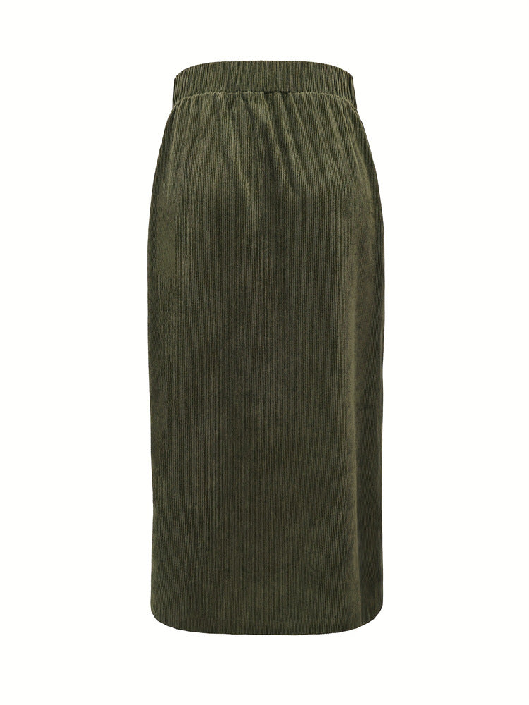 Women Autumn Skirt Casual Office Elastic Waist Breasted Patch Pocket Mock Fly Straight Mid Length Skirt