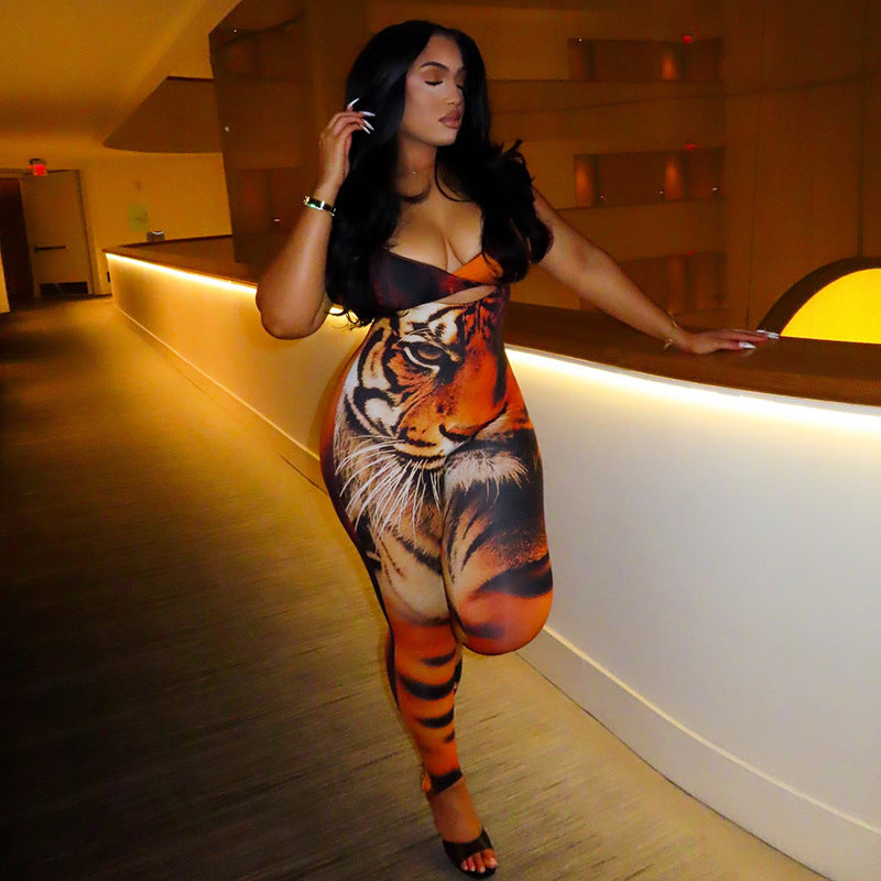 Personality Women's Printed Wear Street Niche Strap Jumpsuit Bandeau Sexy Tiger Pattern Long Jumpsuit