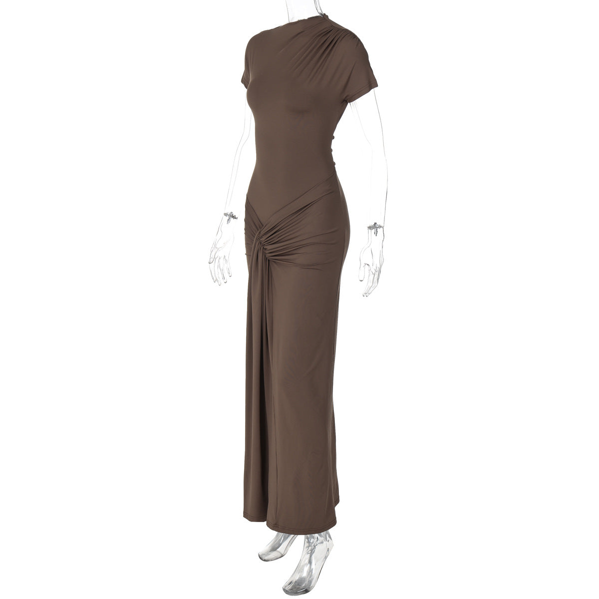 Women Clothing Autumn Slim Pleated Lace Up Short Sleeve Dress Women
