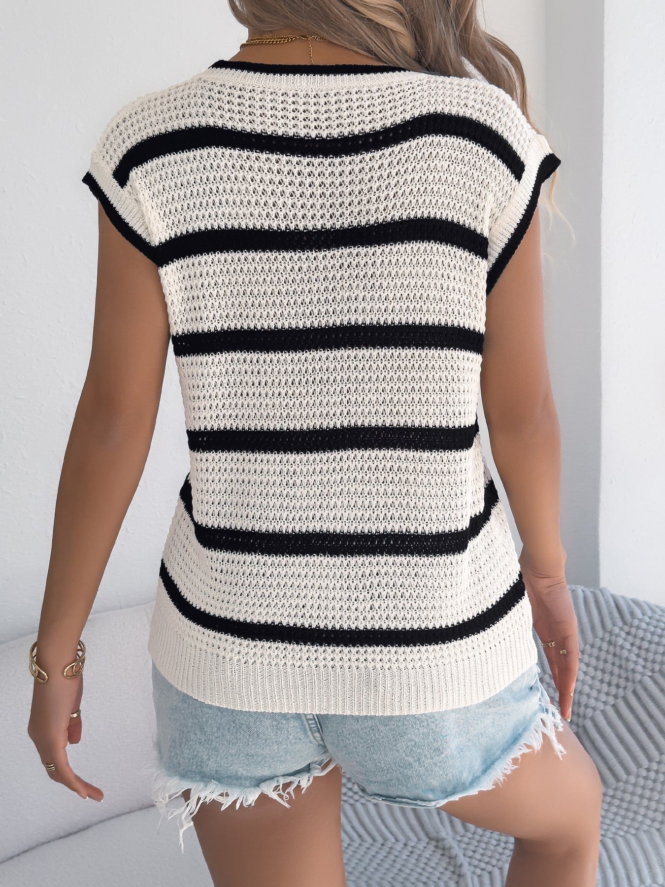 Spring Summer Contrast Color Striped Casual Loose Sweater Top Stand Alone Women Clothing