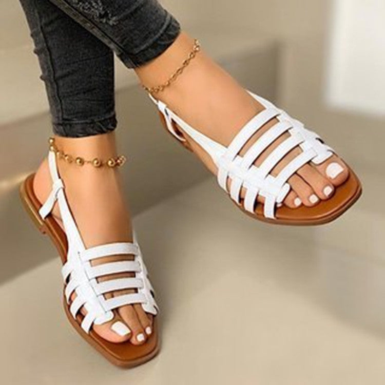 Hollow Out Cutout out Buckle Flat Sandals Women Summer Outdoor Knitted Belt Beach Sandals