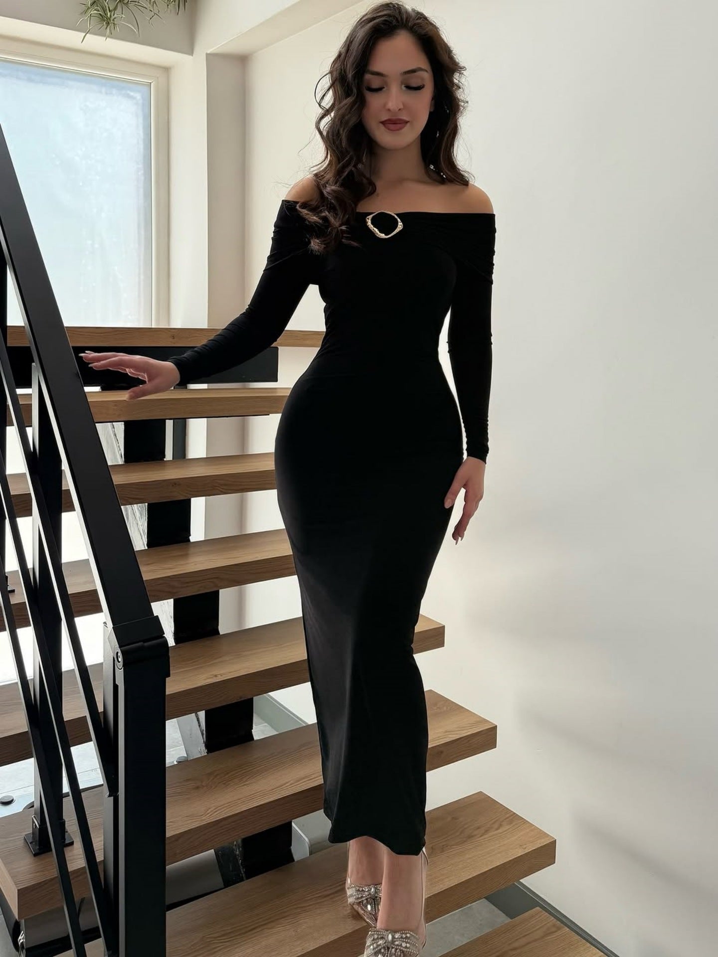 Women Clothing Fall Sexy Tube Top off Neck Solid Color Midi Dress