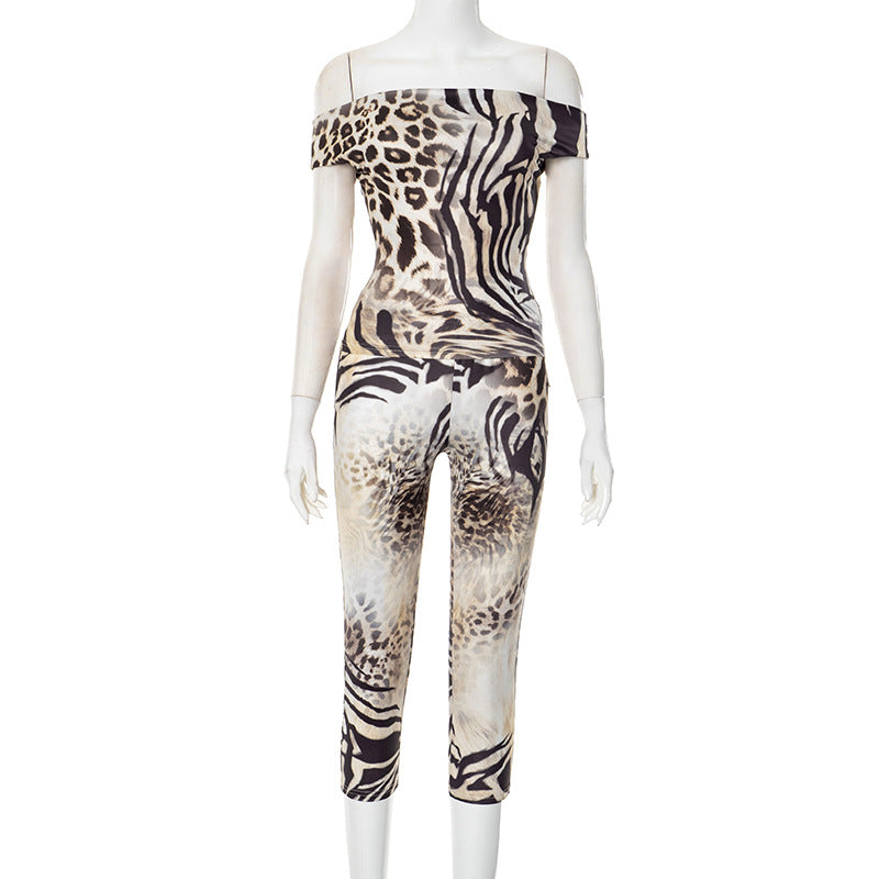 Women Clothing Spring Summer Pullover off Shoulder Animal Texture High Waist Tight Fifth Pants Two Piece Sets