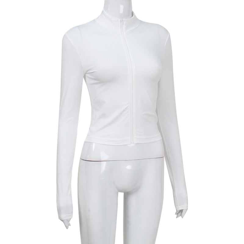 Women Long Sleeve Half Turtleneck Zipper Cardigan Short Tight Sexy Slim Top T shirt
