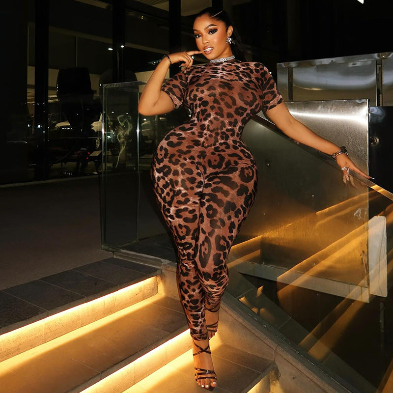 Personality Women Printed Wear Street Office Leopard Print Skinny Jumpsuit Short Sleeve Slim Jumpsuit