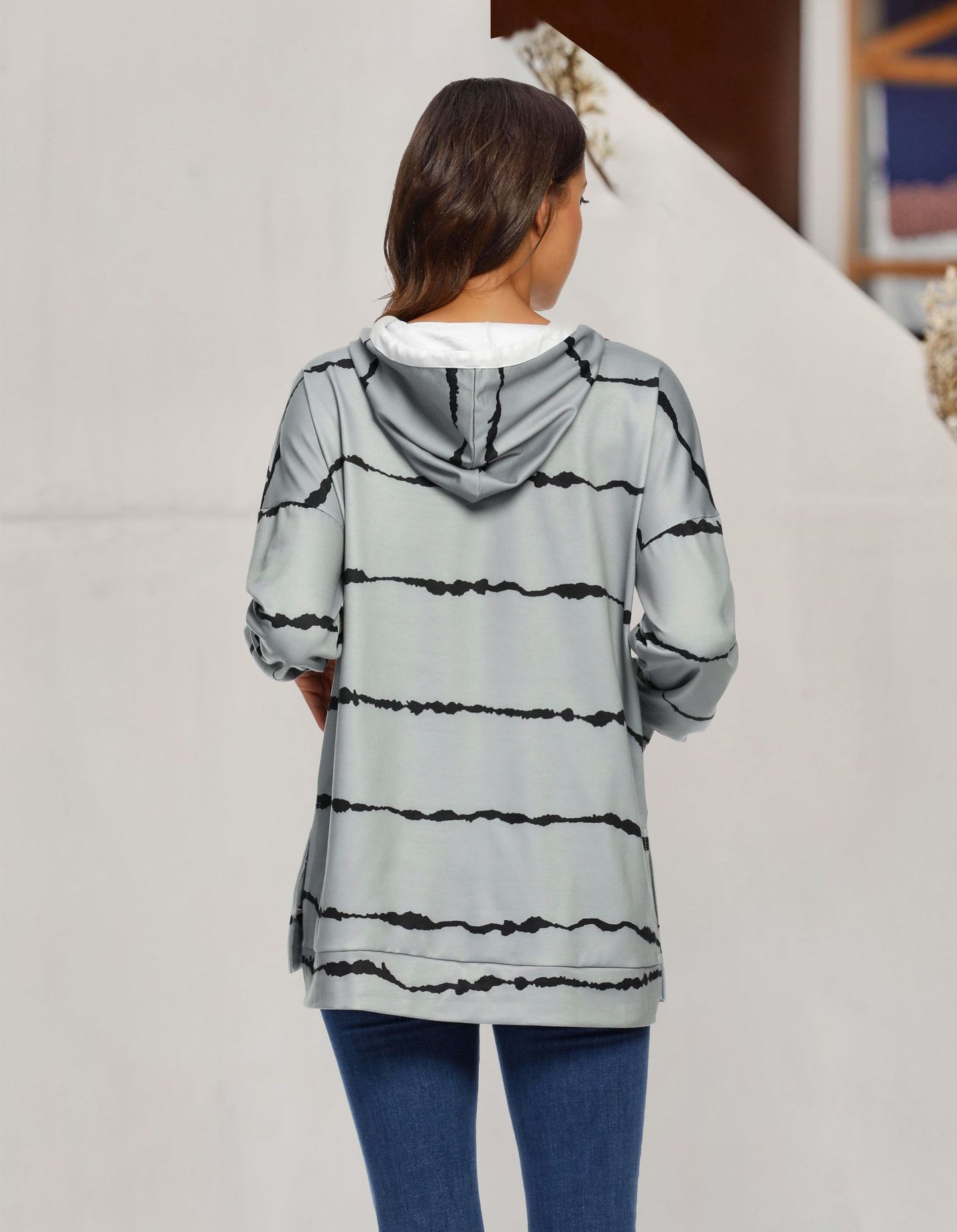 Women Clothing Tie Dye Printed Striped Hooded Loose Long Sleeves Sweatshirt