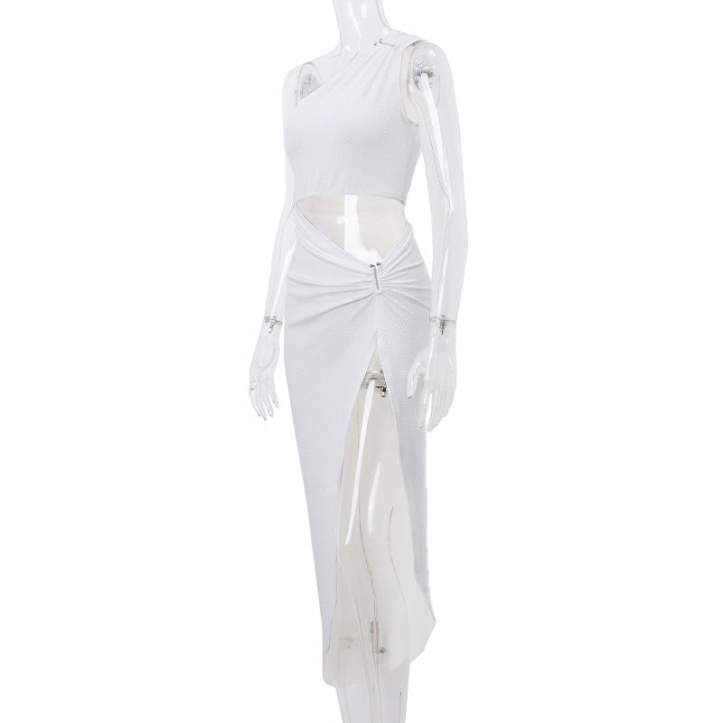 Spring Sexy Shoulder Faux Two Piece Slim Fit Hollow Out Cutout High Waist Slit Dress