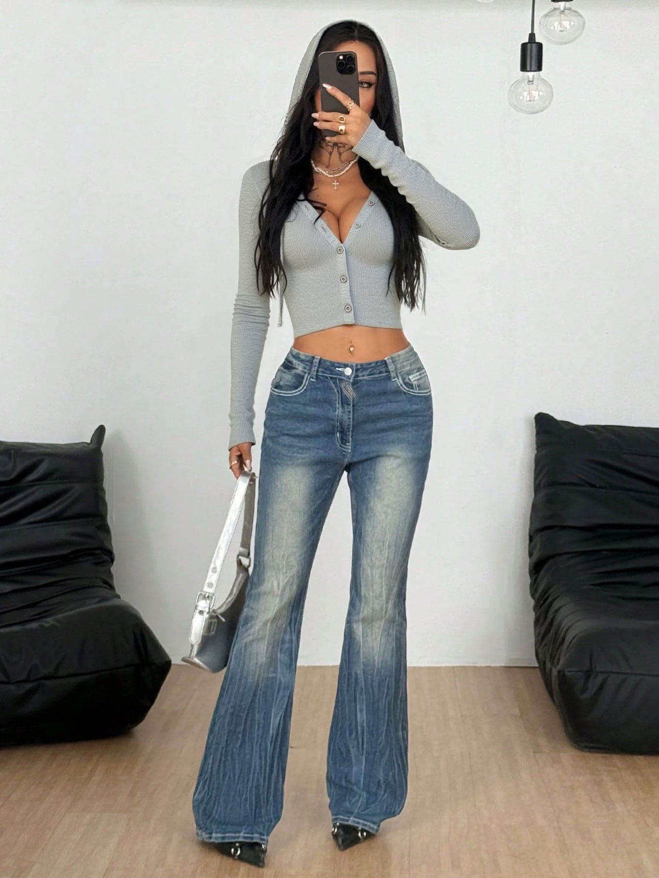 Autumn Winter Gray Hooded Short Knitted Cardigan Deep V Plunge neck Slim Fit Cropped Urban Sexy Top