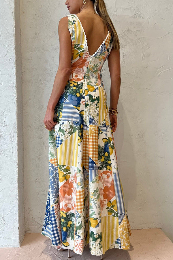 Summer Casual Women Printed Wear Sleeveless Large V-neck Large Swing Dress Amplified craft