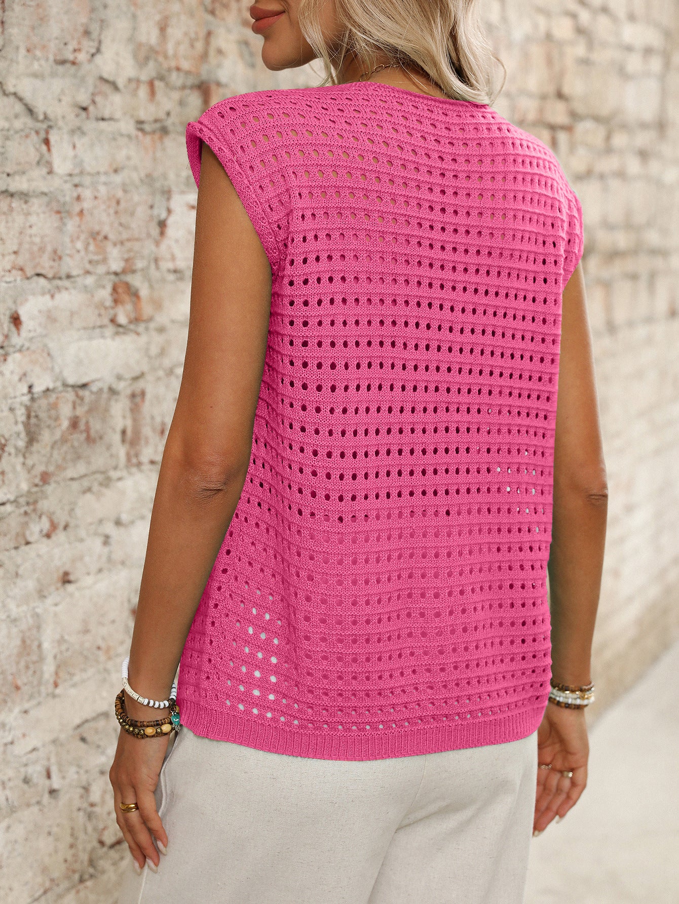 Women Clothing Hollow Out Cutout out Sweater Short Sleeved Knitted Cardigan Holiday Lace up Blouse