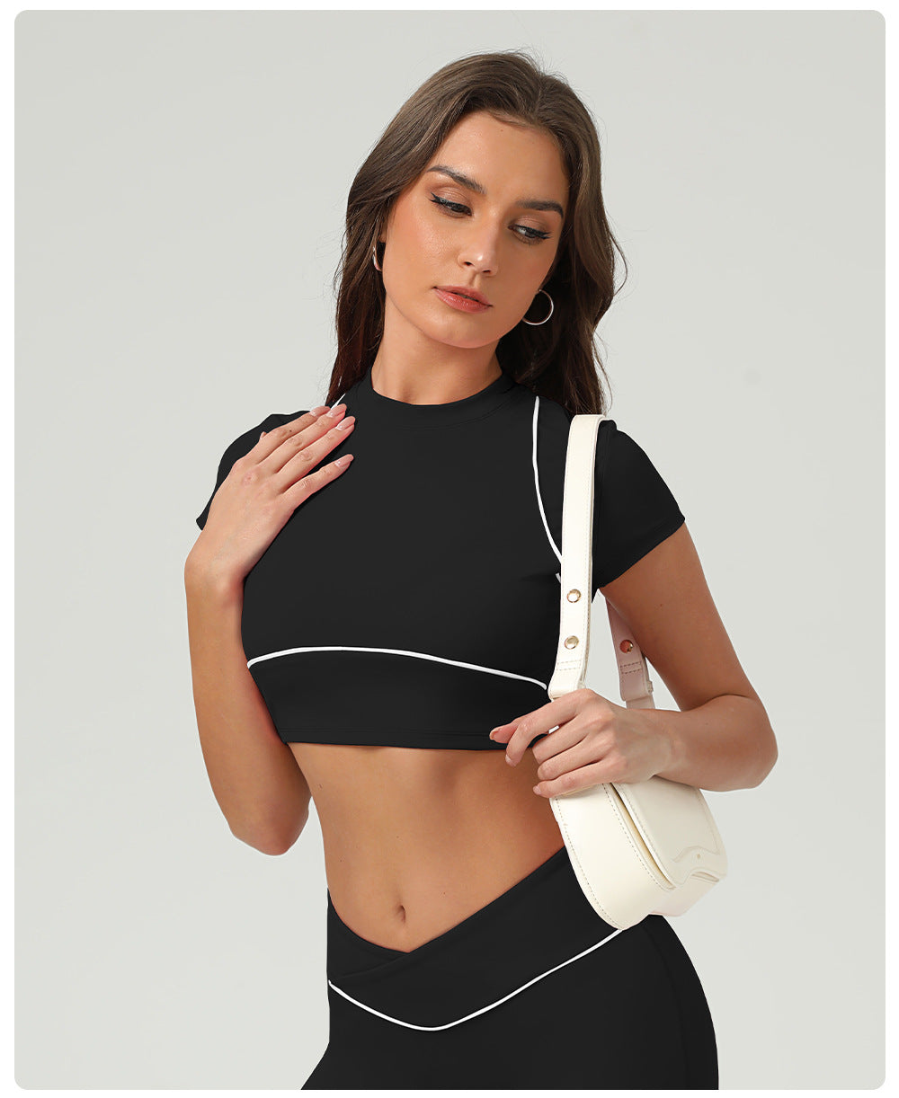 Quick Drying Exercise Top Women Short Sleeved Running Summer Training Fitness T shirt Contrast Color Yoga Clothing Top Vest