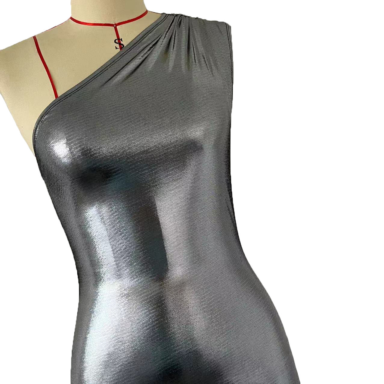 Women One Shoulder Asymmetric Metallic Sheath Sexy Night Club Sleeveless Dress