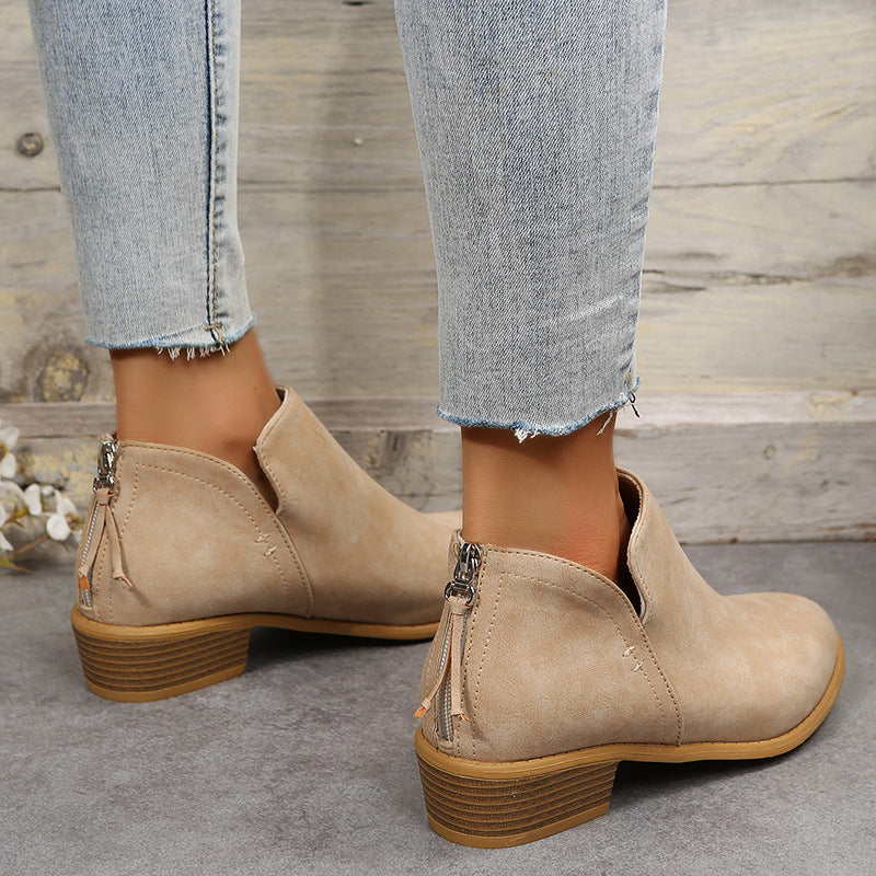 Four Seasons British Chunky Heel Ankle Boots Women Solid Color Pointed Toe Back Zipper Low Heel Shoes