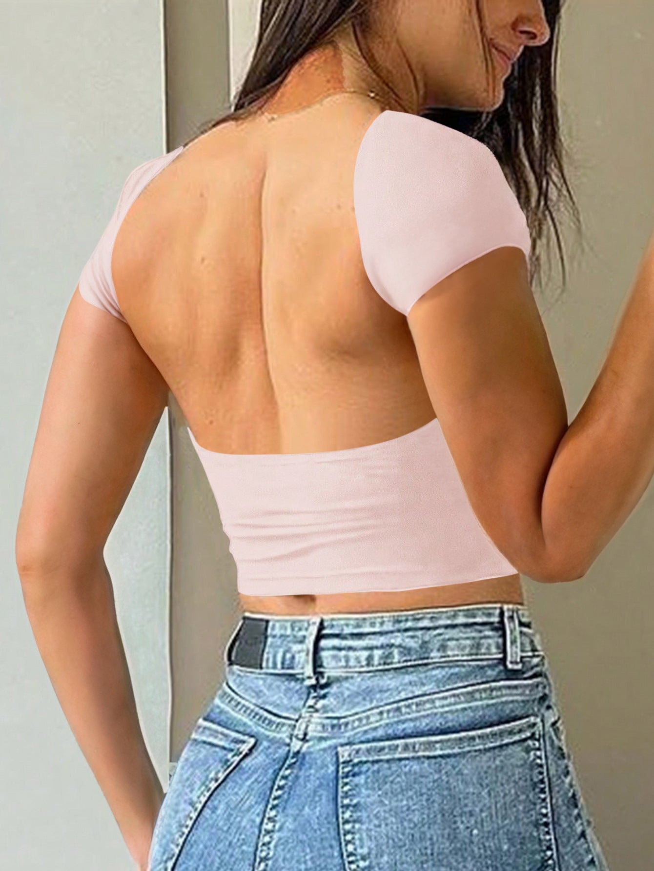 Spring Summer Solid Color round Neck Exposed Back Short Sleeve Sexy Slim Top T shirt Women Clothing