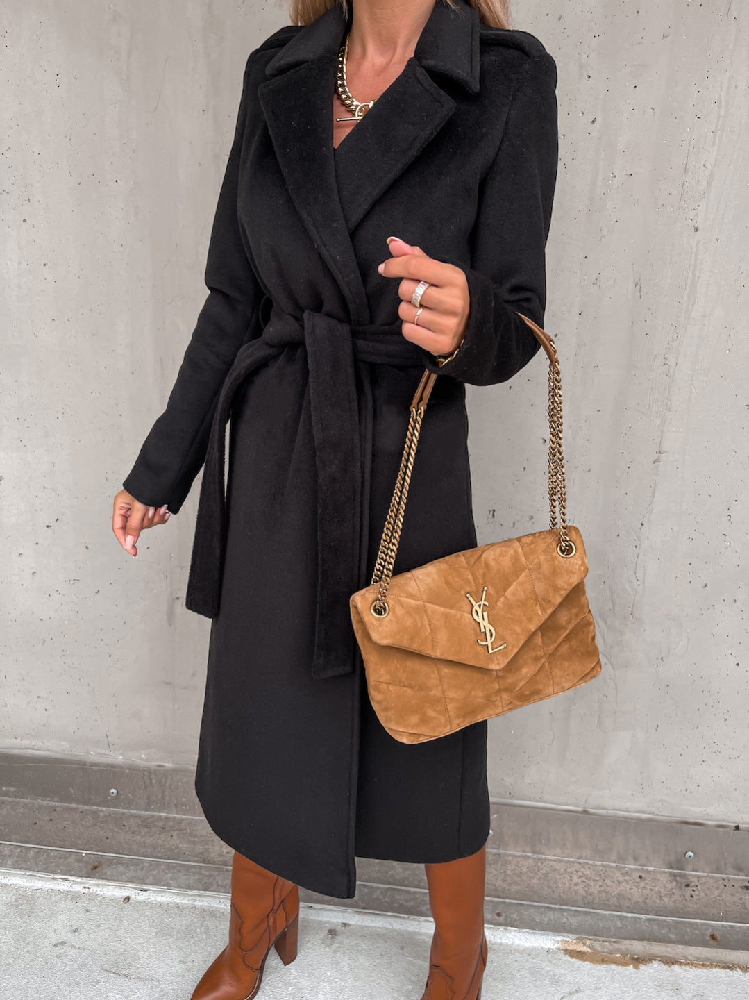 Autumn Winter Women Clothing Solid Color Polo Collar Long Sleeved Woolen Coat Simple Lace up Trench Coat