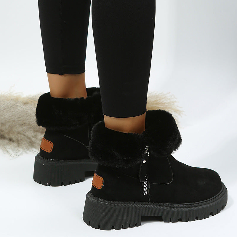 Short Thick Soled round Toe Snow Boots Women Vintage Fleece-Lined Thickening Thermal Cotton Shoes