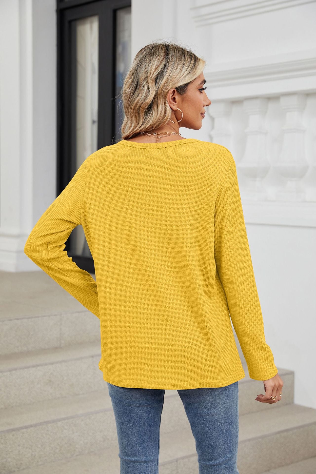 Spring Autumn Loose Fitting V Neck Long Sleeves Solid Color Casual T Shirt Top Women