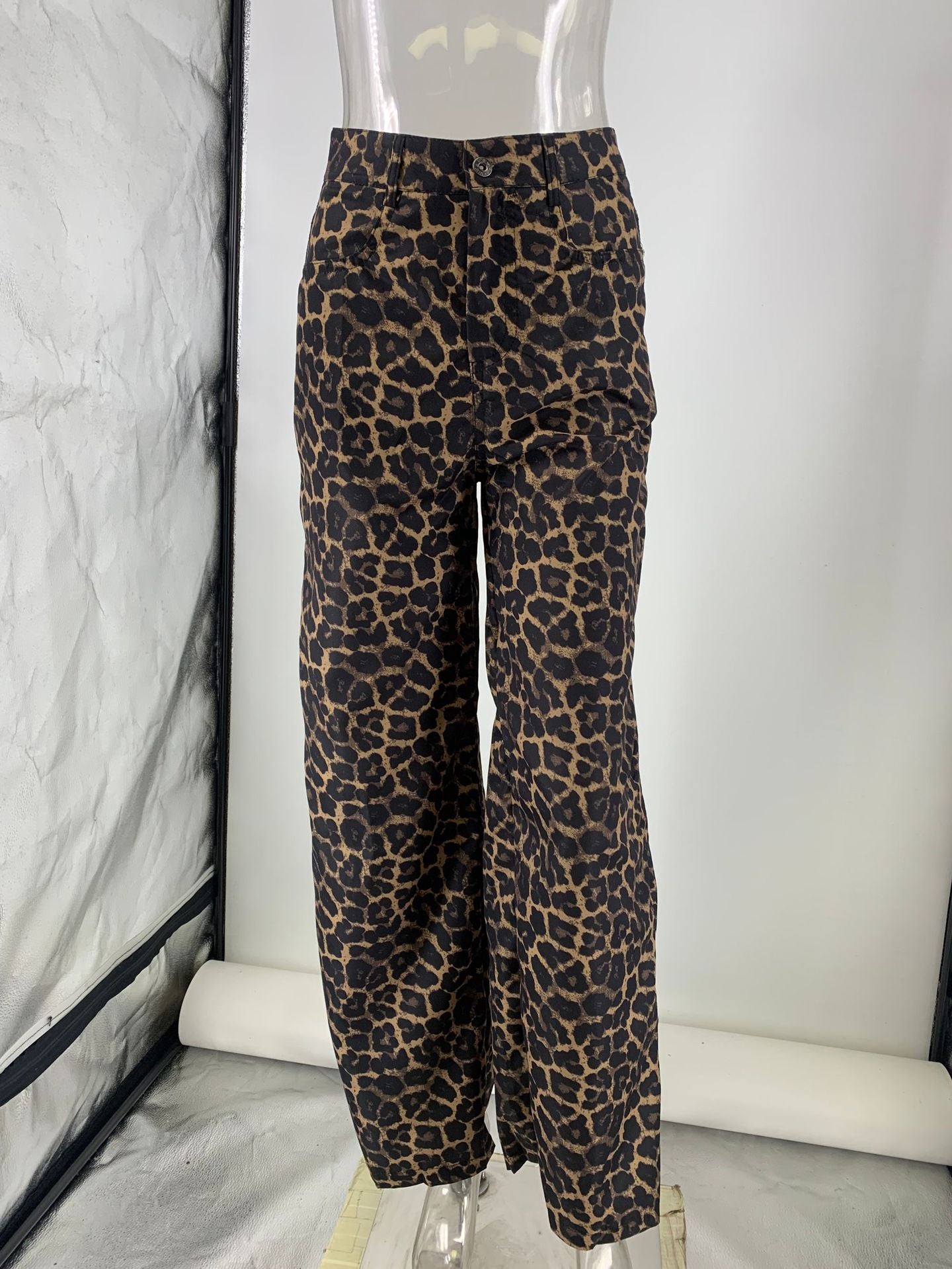 V neck Puff Sleeve White Shirt High Waist Retro Leopard Print Wide Leg Pants Two Piece Sets