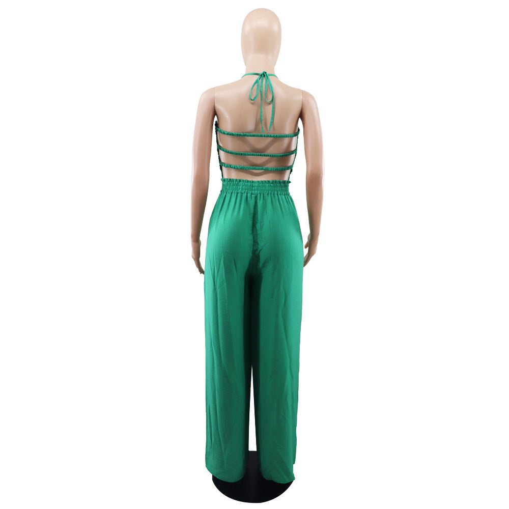 Lace up Fashionable Bandeau Sexy Backless Elastic Waist Loose Straight Jumpsuit