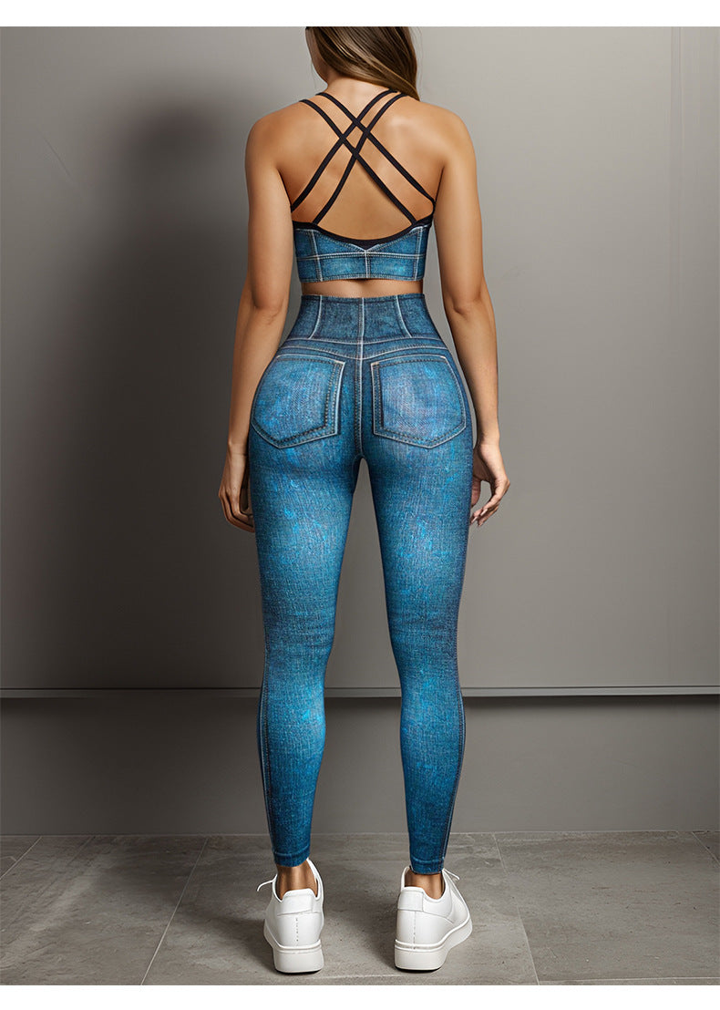 Running Fitness Sports Tight Denim Blue Bra Strap Chest Pad Vest Women Seamless High Waist Yoga Set