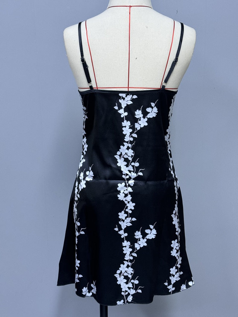 Women Ice Silk Strap Night Dress Sexy Backless Pajamas Women Thin Breathable Printed Suspender Dress