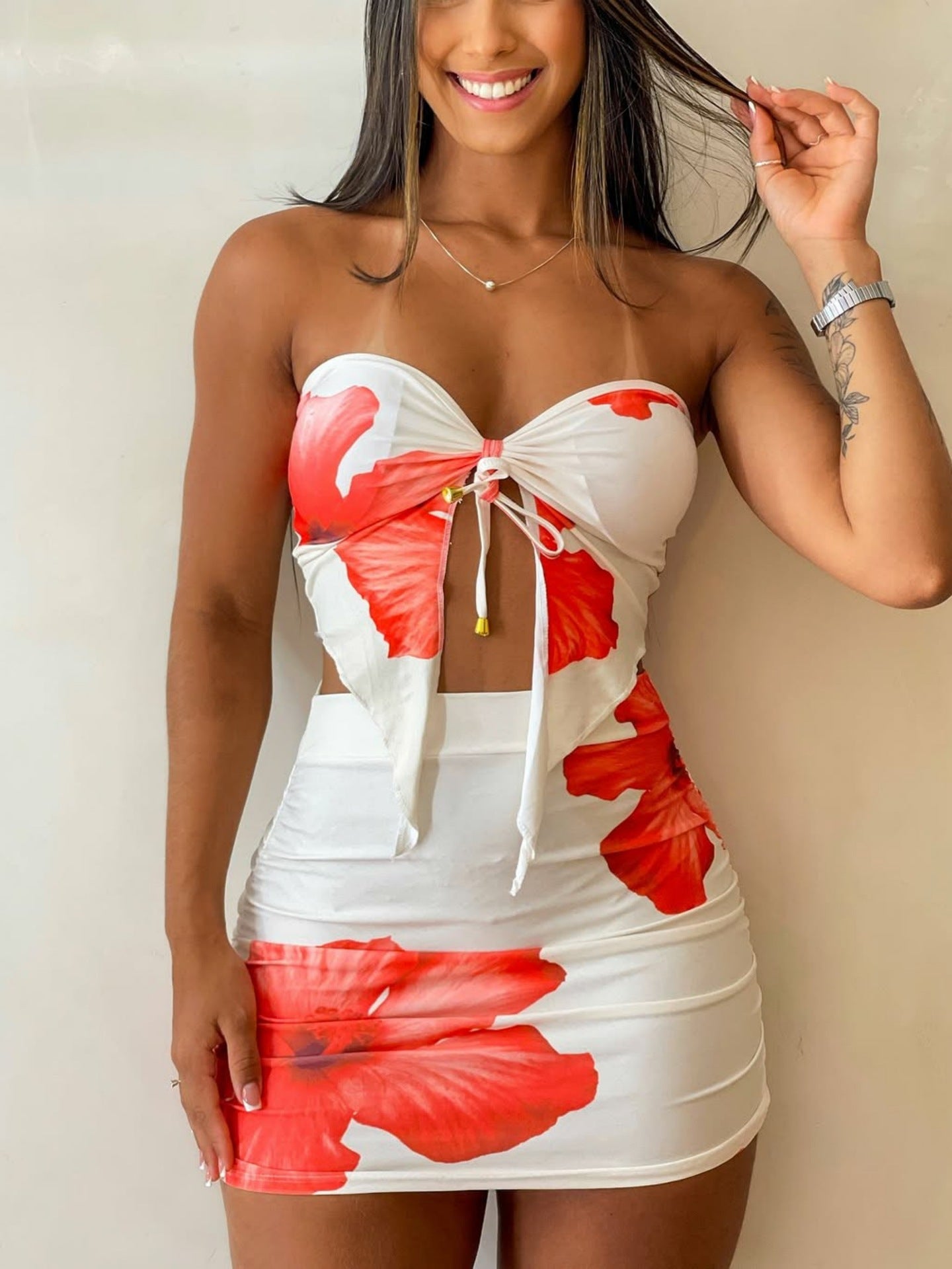 Women Clothing Summer Printed Sexy Tube Top Lace up Top Pleated Sheath Skirt Outfit