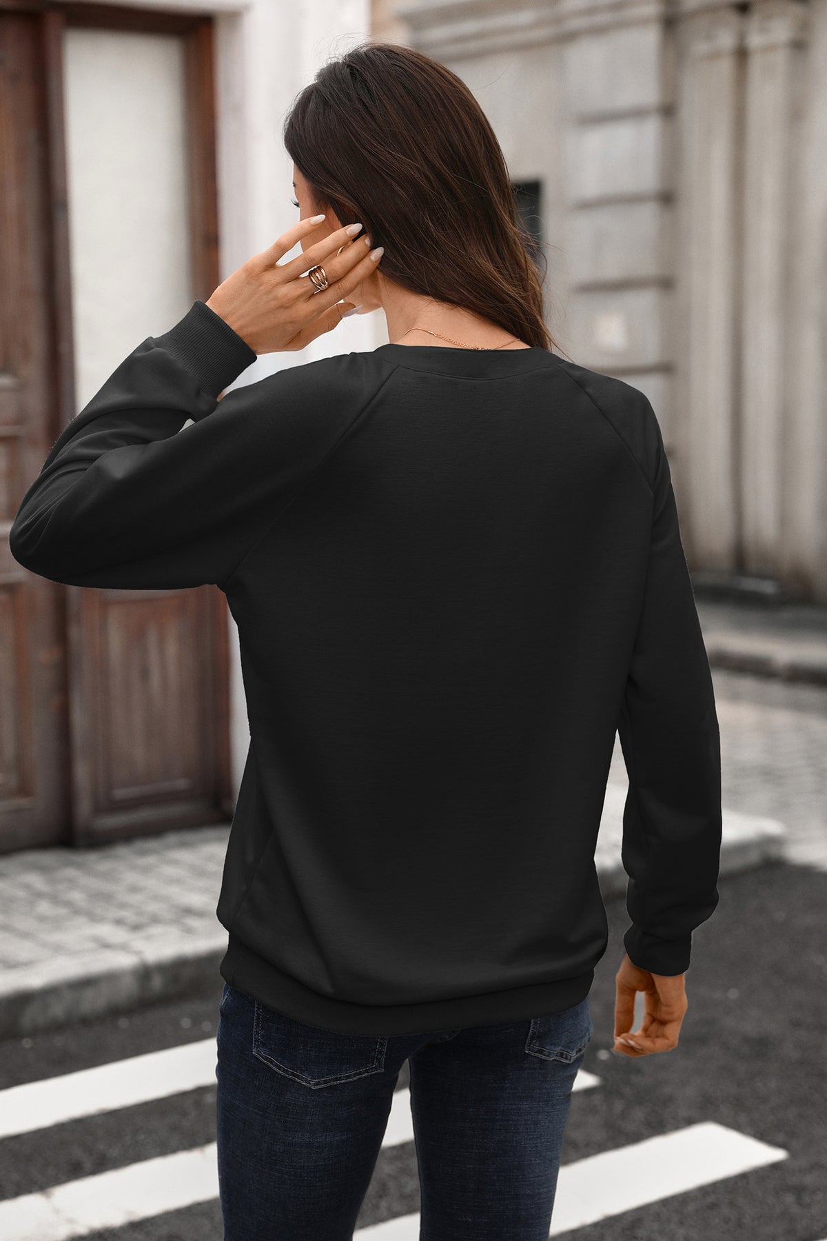 Autumn Winter Solid Color V neck Rib Stitching Loose Long Sleeve Sweatershirt Women