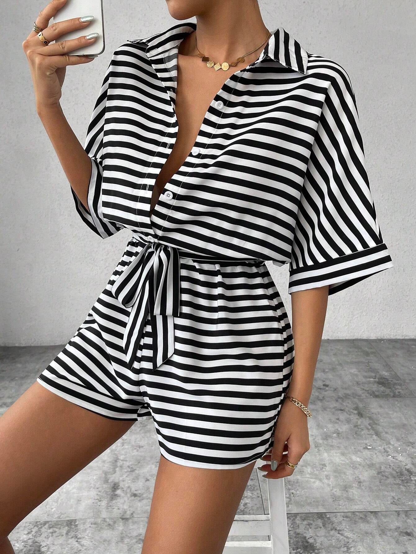 Summer Women Clothing Striped Collared Cardigan Button Half Sleeve Shorts Jumpsuit