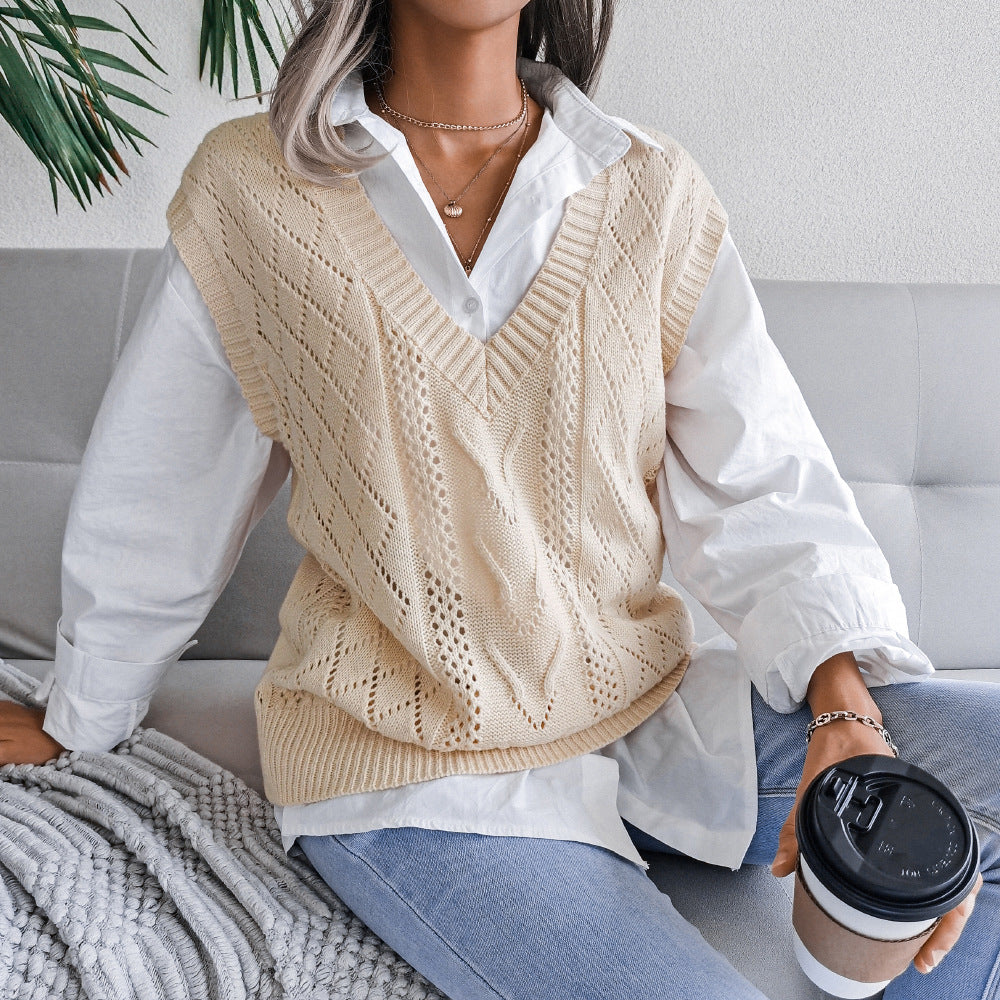 Autumn Winter Cutout Twist V neck Knitted Vest Sweater Women Clothing