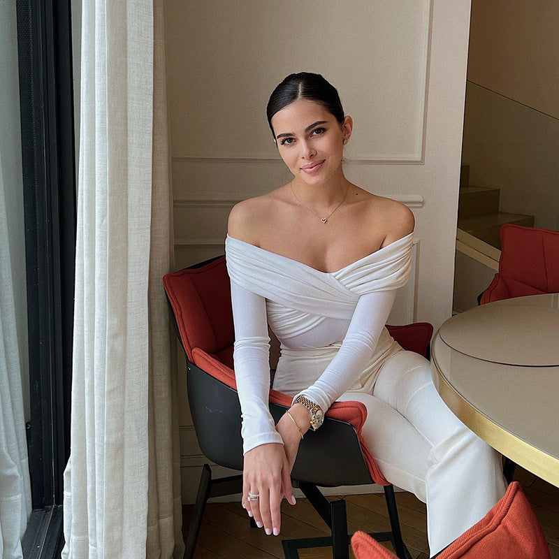 Women Clothing Popular Sexy off the Shoulder Long Sleeve Cross Pleated Slim High Waist Cold Shoulder Elegant Jumpsuit