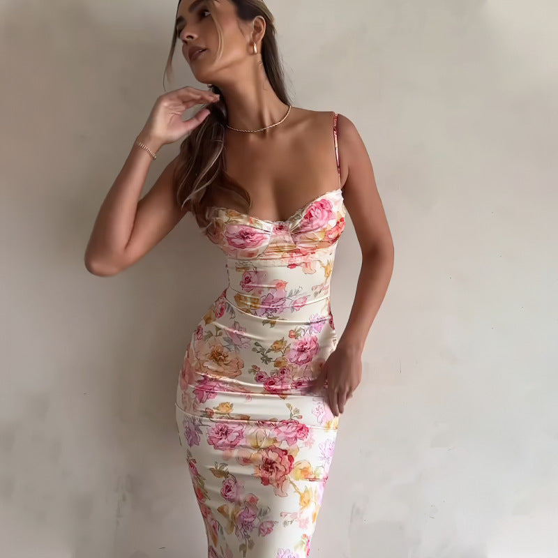 Women Clothing Summer Printing Slim Fit Backless Sling Dress