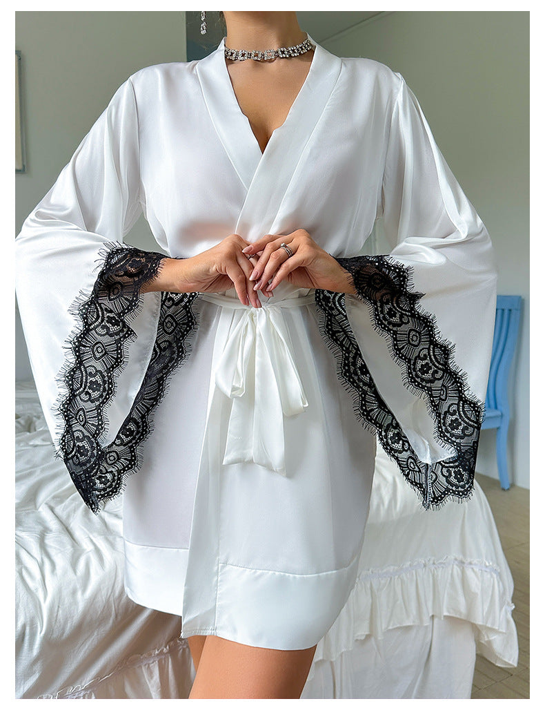 Sexy Nightgown Mid Length Bathrobe Sexy Sleepwear Women Long Sleeve Backless Women Satin Homewear