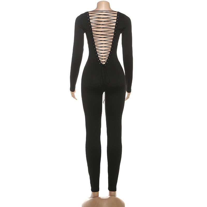 Women Clothing Autumn Winter Sexy U Collar Backless Lace up Long Sleeve Solid Color Hip Lifting Jumpsuit