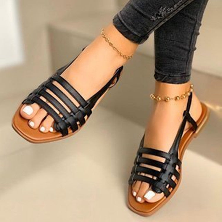Hollow Out Cutout out Buckle Flat Sandals Women Summer Outdoor Knitted Belt Beach Sandals