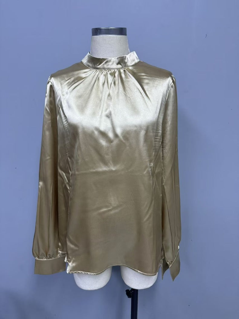 Stand-up Collar Puff Sleeve T shirt Women Satin All Match Long Sleeve Special Women Clothing