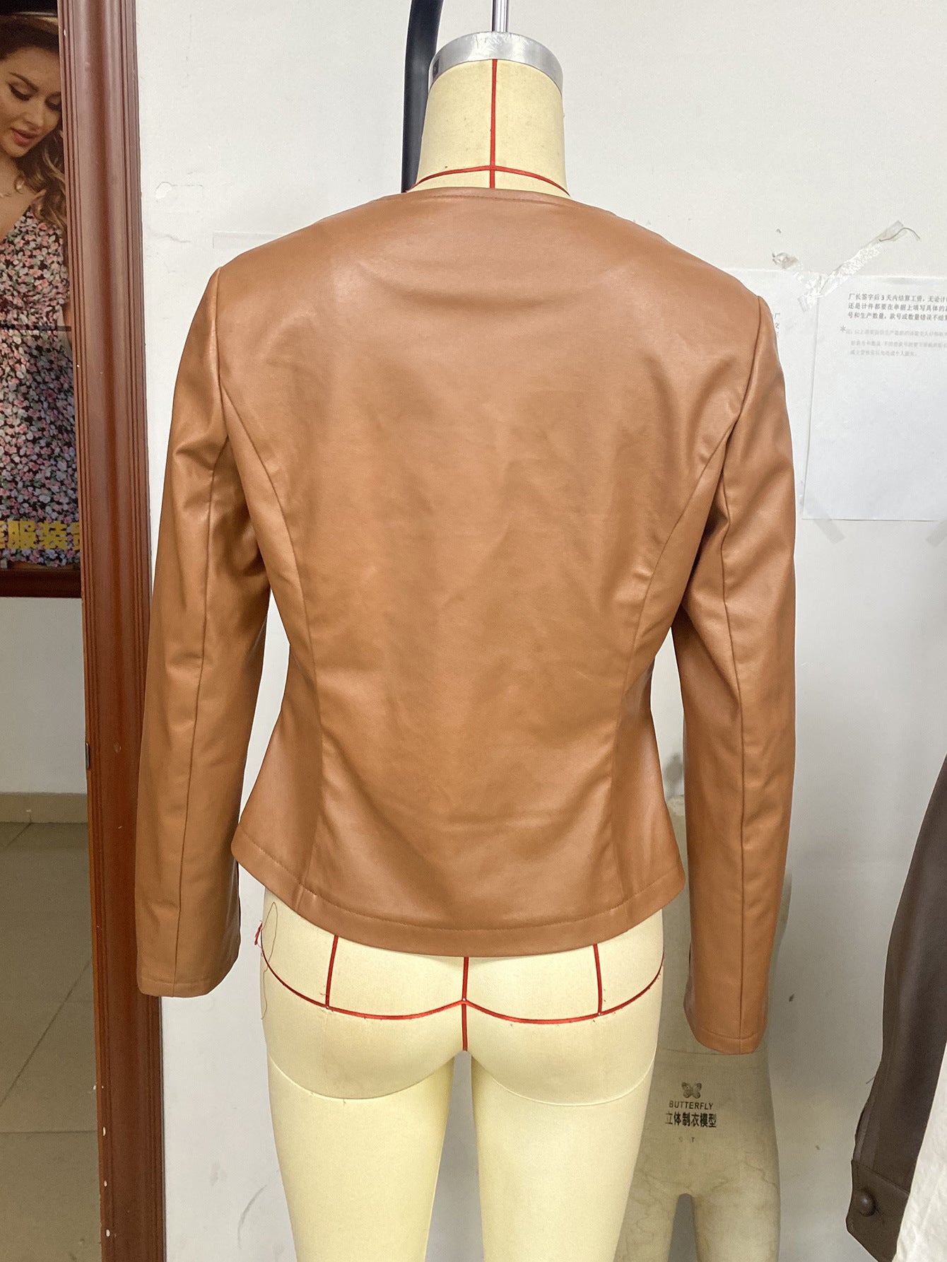 Casual Long Sleeve Solid Color Jacket Coat Top Faux Leather Motorcycle Leather Coat for Women
