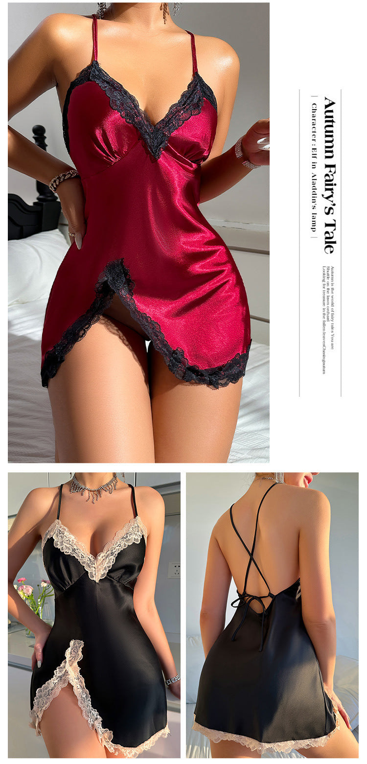 Simple Artificial Silk Sexy Nightdress Summer Thin Homewear Ice Silk Pajamas Women Casual Breathable Strap Dress